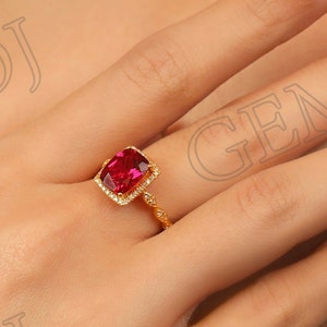 3Ct Cushion Cut Lab Ruby Ring: Yellow Gold Engagement Ring