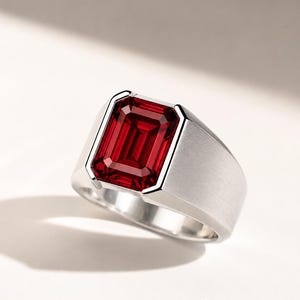 May include: A silver-toned ring featuring a large, rectangular, emerald-cut deep red gemstone set in a bezel setting. The band has a wide, brushed matte finish that contrasts with the polished edges surrounding the vibrant red center stone.