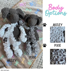 May include: Two crocheted dog plushies, one in a light gray and brown color combination and the other in a dark gray and brown color combination. The plushies are on a brown and white blanket with paw prints. The image also shows two close-up images of the different crochet styles, labeled "Akeley" and "Pixie".