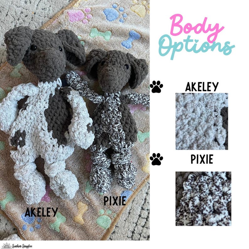 May include: Two crocheted dog plushies, one in a light gray and brown color combination and the other in a dark gray and brown color combination. The plushies are on a brown and white blanket with paw prints. The image also shows two close-up images of the different crochet styles, labeled "Akeley" and "Pixie".