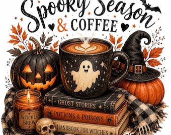 Spooky Season Coffee PNG JPG | Halloween Ghost Pumpkin Sublimation Design (Instant Download)