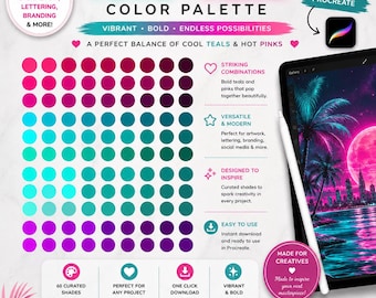 Teal Pink Procreate Color Palette, Vibrant Digital Swatches (Digital Download)