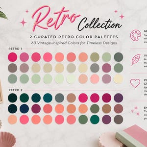 May include: A digital colour palette collection titled Retro Collection featuring two sets of 60 vintage-inspired circular colour swatches. The image includes text detailing 60 curated colours, vintage vibes, and creative project applications.