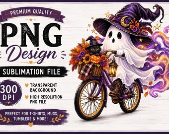 Halloween Ghost PNG, Witch Ghost Bicycle PNG, Black Cat Halloween Sublimation, Cute Spooky Fall PNG, Witchy Autumn Shirt Design