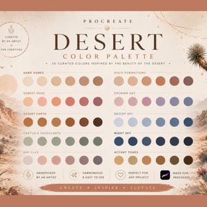 Peut inclure: Une palette de couleurs numérique pour Procreate intitulée Desert Color Palette, présentant 30 couleurs organisées en catégories comme Sand Dunes, Sunset Hues et Desert Earth. Le design inclut des illustrations de paysage désertique et du texte.