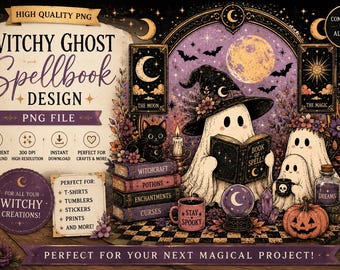 Witchy Ghost Spellbook PNG | Halloween Reading Ghost, Spell Book, Moon (Digital Download)