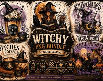 Witchy Coffee PNG Bundle | Halloween Spooky Fall Sublimation Designs (5 Files)