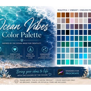 Könnte beinhalten: Eine digitale Farbpalette für Procreate mit dem Titel Ocean Vibes, die 90 kuratierte Farbfelder in Blau-, Türkis-, Braun- und Beigetönen enthält. Die Grafik zeigt Meereswellen, Text und Symbole, die eine Sammlung harmonischer Farben präsentieren.