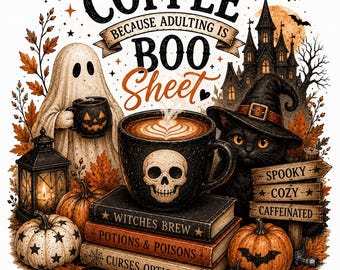 Halloween Coffee Ghost Cat PNG Sublimation Design | Spooky Fall Shirt (Digital Download)