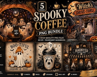 Spooky Coffee PNG Bundle | 5 Halloween Ghost Designs (Digital Download)