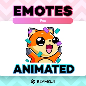 May include: Animated fox emote with orange and white fur, large black eyes, and confetti. The word "EMOTES" is at the top, and "ANIMATED" is at the bottom. The word "Fox" is in a pink rectangle. The Slymoji logo is at the bottom.