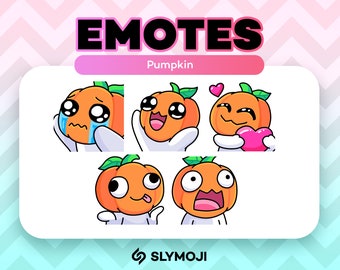 May include: Set of five pumpkin-shaped emoticons with different facial expressions. The emoticons are orange with green stems and white eyes. The expressions include crying, smiling, in love, surprised, and sticking out its tongue.