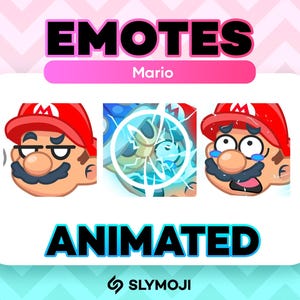 May include: Animated emotes featuring Mario, a popular video game character. The emotes are in a cartoon style and show Mario with different expressions. The emotes are labeled "EMOTES" and "ANIMATED".