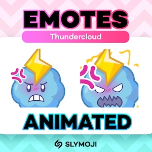 May include: Animated emoji of a blue thundercloud with a yellow lightning bolt on top. The cloud has a grumpy expression with red cheeks and a frowning mouth. The text "EMOTES Thundercloud ANIMATED" is below the emoji.