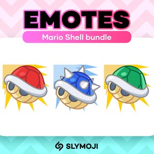 Puede incluir: Tres emojis animados de caparazones de tortuga de Mario Kart. Los caparazones son rojos, azules con púas y verdes. Cada caparazón tiene un borde blanco y está rodeado de una estrella amarilla.