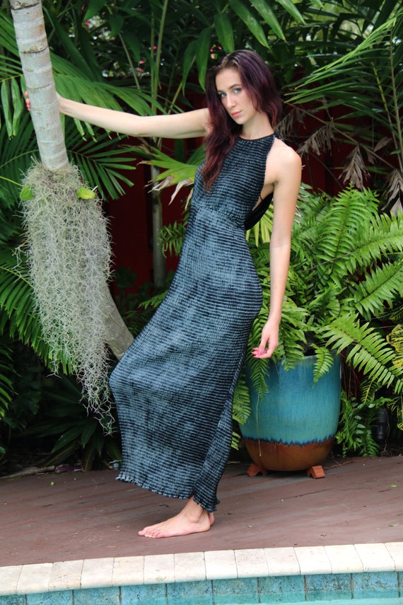 Long Column Shibori Dress - Black/Grey Marble