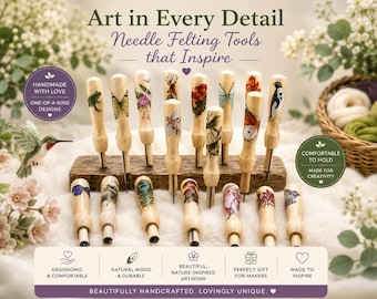 May include: A collection of needle felting tools with light wood handles featuring various nature-themed illustrations including animals, insects, and flowers. The tools are arranged on a rectangular wooden block with text overlays.