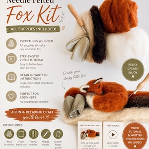 May include: A needle felted fox craft kit featuring orange, white, and dark brown wool roving, a wooden needle handle, leather finger guards, and a foam mat. The kit includes written instructions and a video tutorial to create a sleeping fox figure.