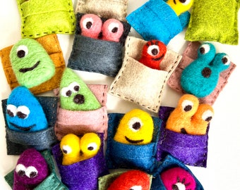 Needle Felted Wool Mini Monster in Felt Sleeping Bag