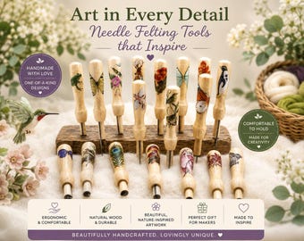 May include: A collection of needle felting tools with light wood handles featuring various nature-themed illustrations including animals, insects, and flowers. The tools are arranged on a rectangular wooden block with text overlays.
