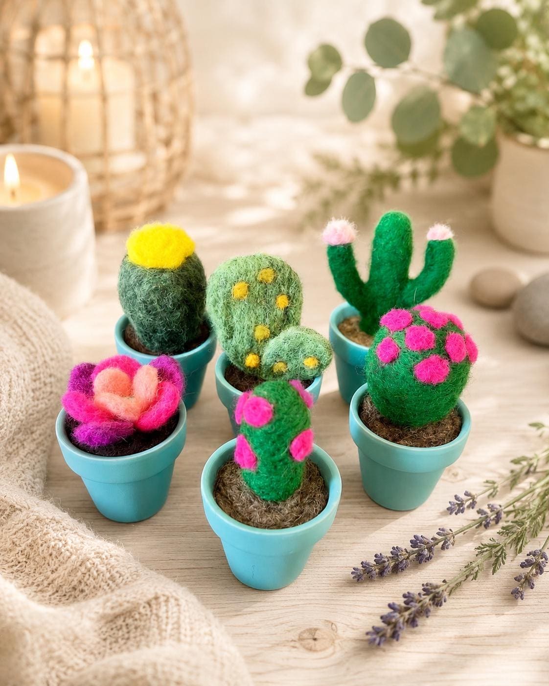 Handmade Needle Felted Wool Cactus, Colorful Desk Decor, No Water Plant Sculpture