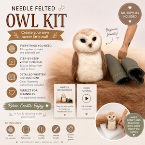 May include: A needle felted owl craft kit featuring a finished brown and white wool owl, a wooden needle handle, and leather finger guards. The kit includes wool, a foam mat, felting needles, written instructions, and a video tutorial link.