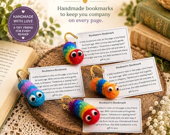 Handmade Needle Felted Bookworm Bookmark | Wool Book Lover Gift