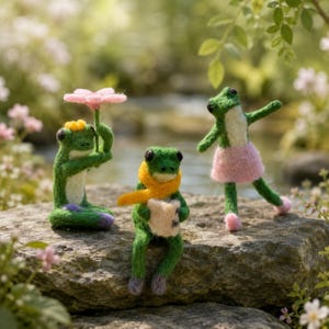 May include: Three needle-felted green frog figurines. One frog holds a pink flower, another wears a yellow scarf and holds a small book, and the third wears a pink skirt and pink shoes. The figures are crafted from wool and have black eyes.