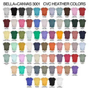 May include: A display of Bella+Canvas 3001 CVC Heather t-shirts in various colors, including Athletic Heather, Black Heather, and Deep Heather. Each shirt is a different color, with the color name printed below. The image showcases a wide range of options.