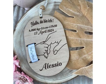 Personalized wooden baby birth card - engraving with name, birth details & space for birth bracelet - baby bracelet holder