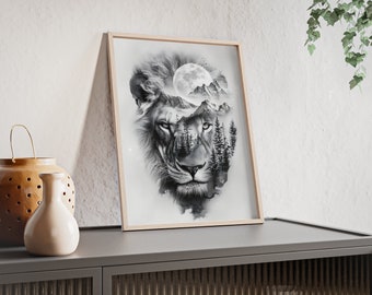 Fantastique décoration murale de lion à double exposition – Décoration de chambre – Superbe image d'animal – Pour les amoureux de la faune – Affiches avec cadre en bois n° 3