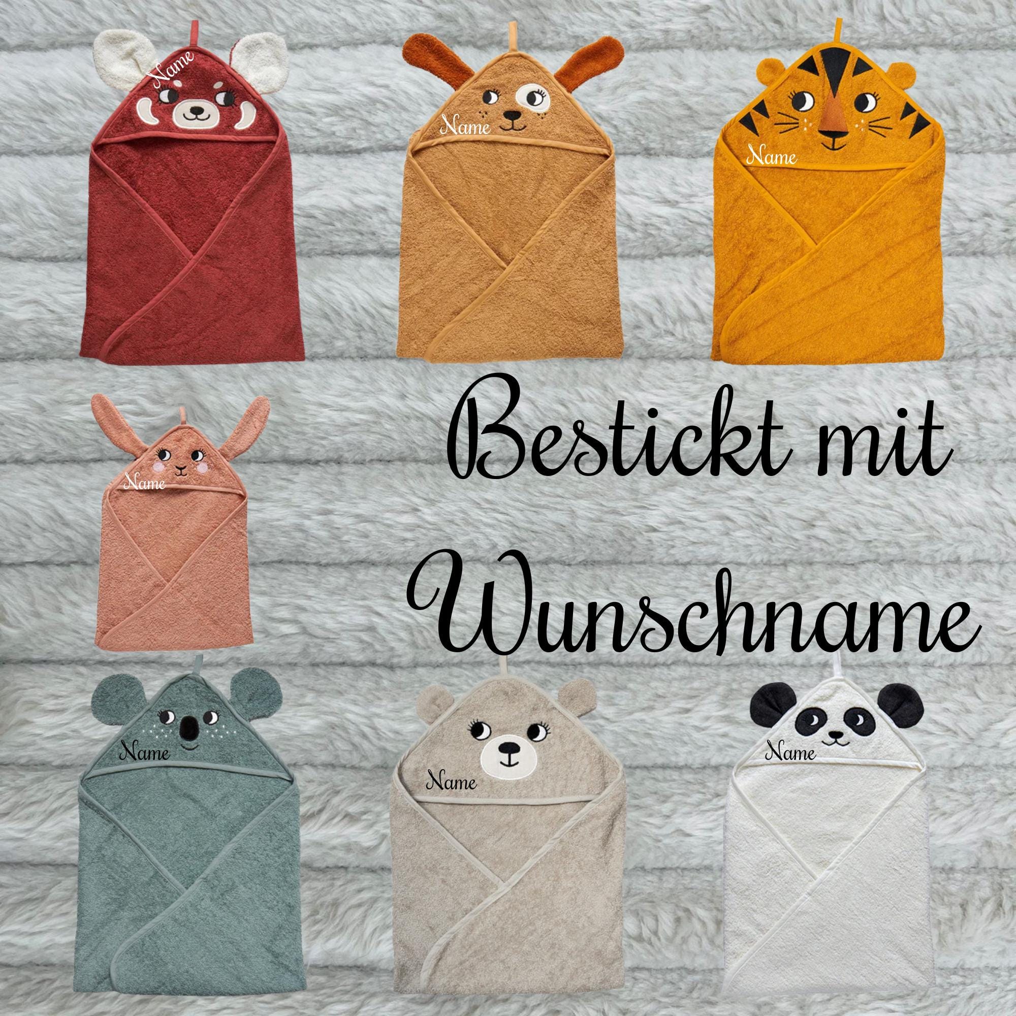 Personalizable organic hooded towel with cute animal motifs - Cuddly soft & sustainable - Lovingly embroidered with name gift birth