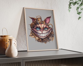 Skurriler Steampunk-Bilderrahmen mit dem Motiv - Grinsekatze aus Alice Im Wunderland - Poster mit Holzrahmen