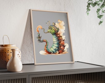 Whimsical steampunk picture frame with the motif - Caterpillar Absolem - From Alice in Wonderland - Poster with wooden frame