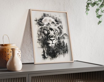 Fantastique décoration murale de lion à double exposition – Décoration de chambre – Superbe image d'animal – Pour les amoureux de la faune – Affiches avec cadre en bois n° 12