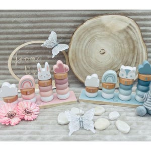 Mini torre apilable personalizada hecha de madera FSC - Juguete de motricidad con nombre grabado para bebés y niños pequeños - Regalo para nacimiento o bautismo