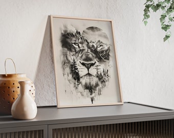 Fantástico arte de pared de león de doble exposición - Decoración de la habitación - Magnífica imagen de animal - Para amantes de la vida silvestre - Pósters con marco de madera N° 5