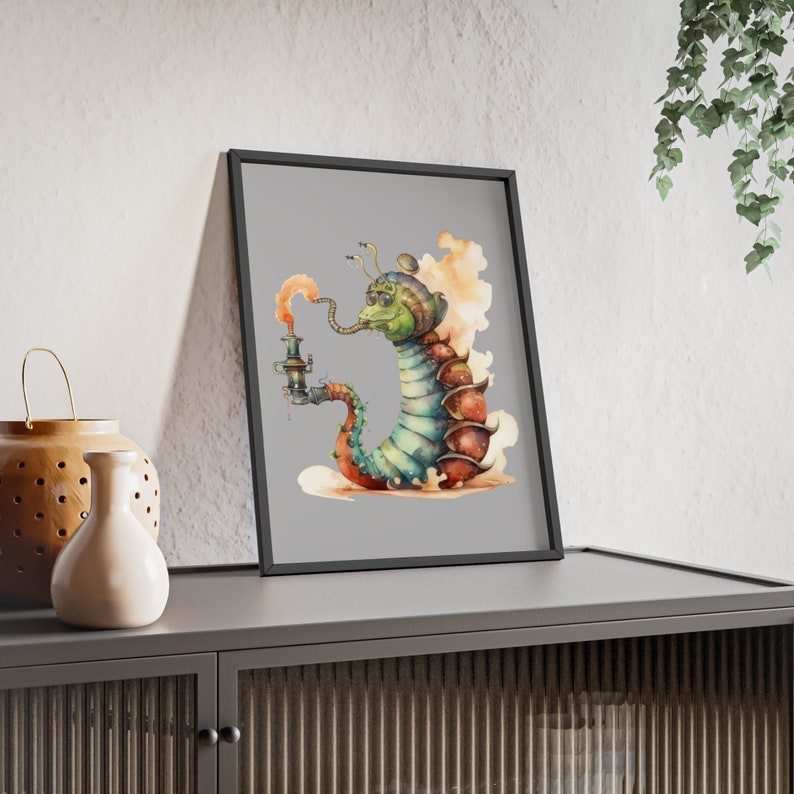 Cadre photo steampunk bizarre avec le motif Caterpillar Absolem d'Alice au pays des merveilles affiche avec cadre en bois image 2