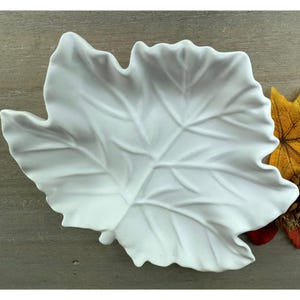 May include: A white ceramic leaf-shaped dish with detailed veining. The dish is a matte white and has a naturalistic design. The dish is likely for decorative or serving purposes.