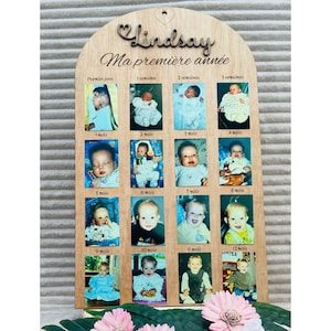 Tableau des Étapes Bébé Personalisé en Bois – Tableau Photo pour les 12 Premiers Mois avec Prénom en Effet Noyer - Place pour 16 Photos