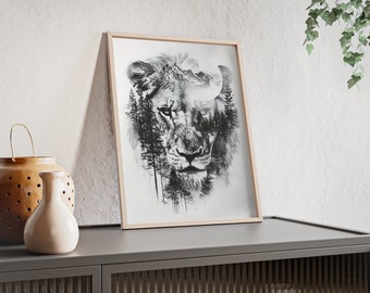 Fantastic Double Exposure Lion Wall Art - Room Decoration - Superb Animal Picture - For Wildlife Lovers - Posters with Wooden Frame Nr. 19