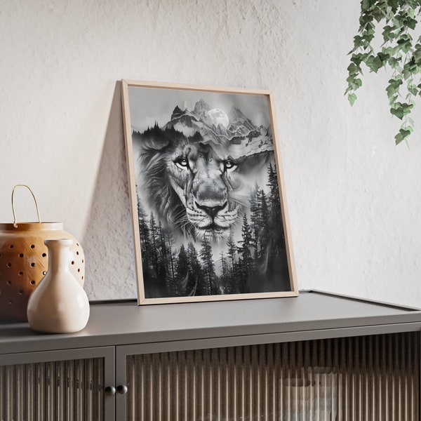 Fantastic Double Exposure Lion Wall Art - Room Decoration - Superb Animal Picture - For Wildlife Lovers - Posters with Wooden Frame Nr. 10