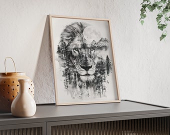 Fantastica decorazione da parete con leone a doppia esposizione - Decorazione della stanza - Stupenda immagine di animali - Per gli amanti della fauna selvatica - Poster con cornice in legno n. 17