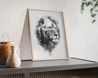 Fantastic Double Exposure Lion Wall Art - Room Decoration - Superb Animal Picture - For Wildlife Lovers - Posters with Wooden Frame Nr. 6