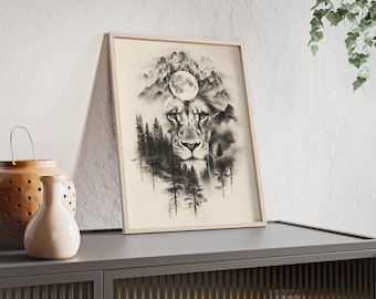 Fantastique décoration murale de lion à double exposition – Décoration de chambre – Superbe image d'animal – Pour les amoureux de la faune – Affiches avec cadre en bois n° 24