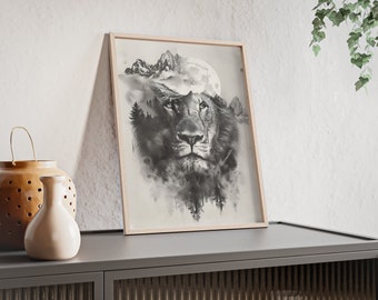 Fantastica decorazione da parete con leone a doppia esposizione - Decorazione della stanza - Stupenda immagine di animali - Per gli amanti della fauna selvatica - Poster con cornice in legno n. 1