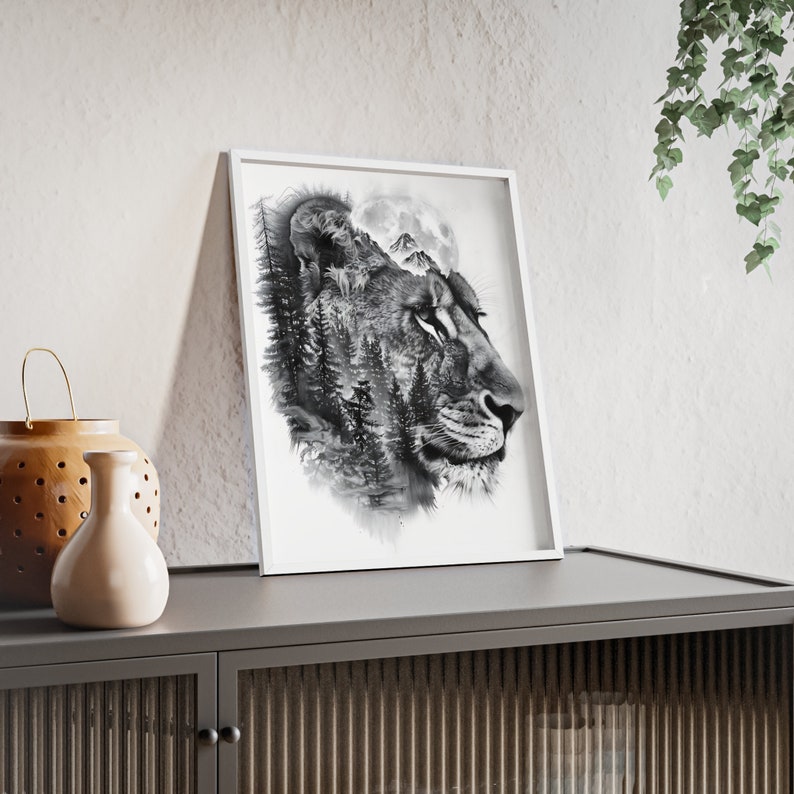 Fantastic Double Exposure Lion Wall Art Room Decoration Superb Animal Picture For Wildlife Lovers Posters with Wooden Frame Nr. 20 Bild 5