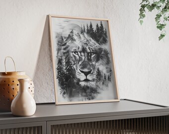 Fantastique décoration murale de lion à double exposition – Décoration de chambre – Superbe image d'animal – Pour les amoureux de la faune – Affiches avec cadre en bois n° 15