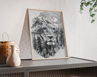 Fantastique décoration murale de lion à double exposition – Décoration de chambre – Superbe image d'animal – Pour les amoureux de la faune – Affiches avec cadre en bois n° 26