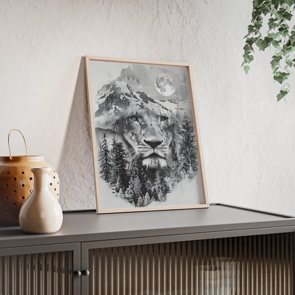 Fantastic Double Exposure Lion Wall Art - Room Decoration - Superb Animal Picture - For Wildlife Lovers - Posters with Wooden Frame Nr. 26